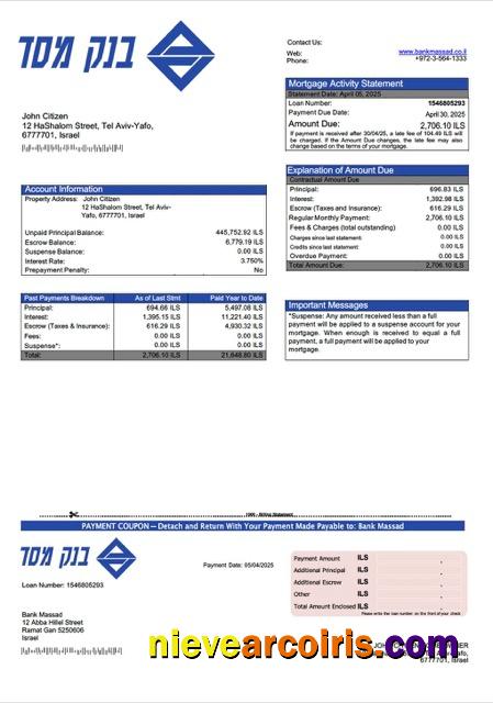 Israel Bank Massad mortgage statement Word and PDF template
